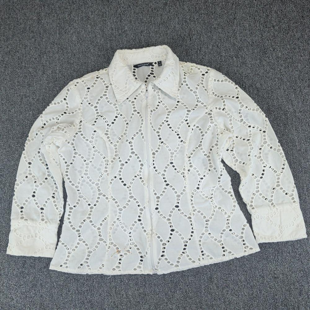 Samuel Dong Womens Jacket M Cotton White Eyelet Zip Front Boho Cottagecore Top